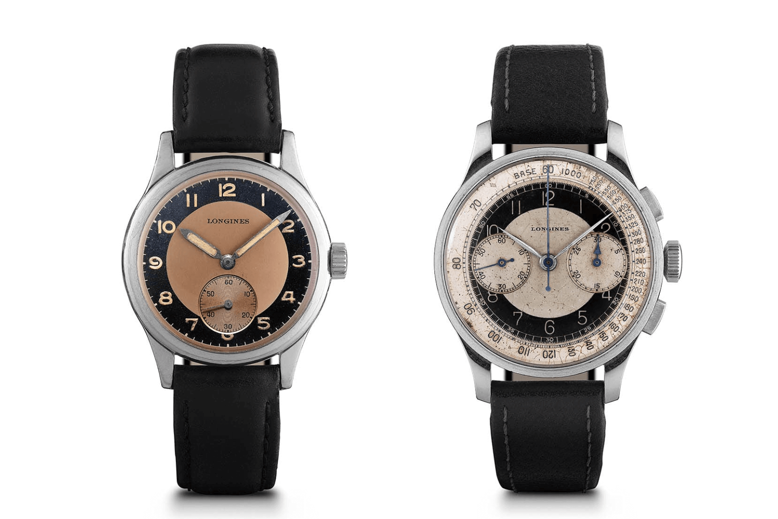 Cặp đồng hồ trong kho di sản Longines: Một phiên bản 3 kim có niên đại từ năm 1945 và đồng hồ chronograph có niên đại từ năm 1943.