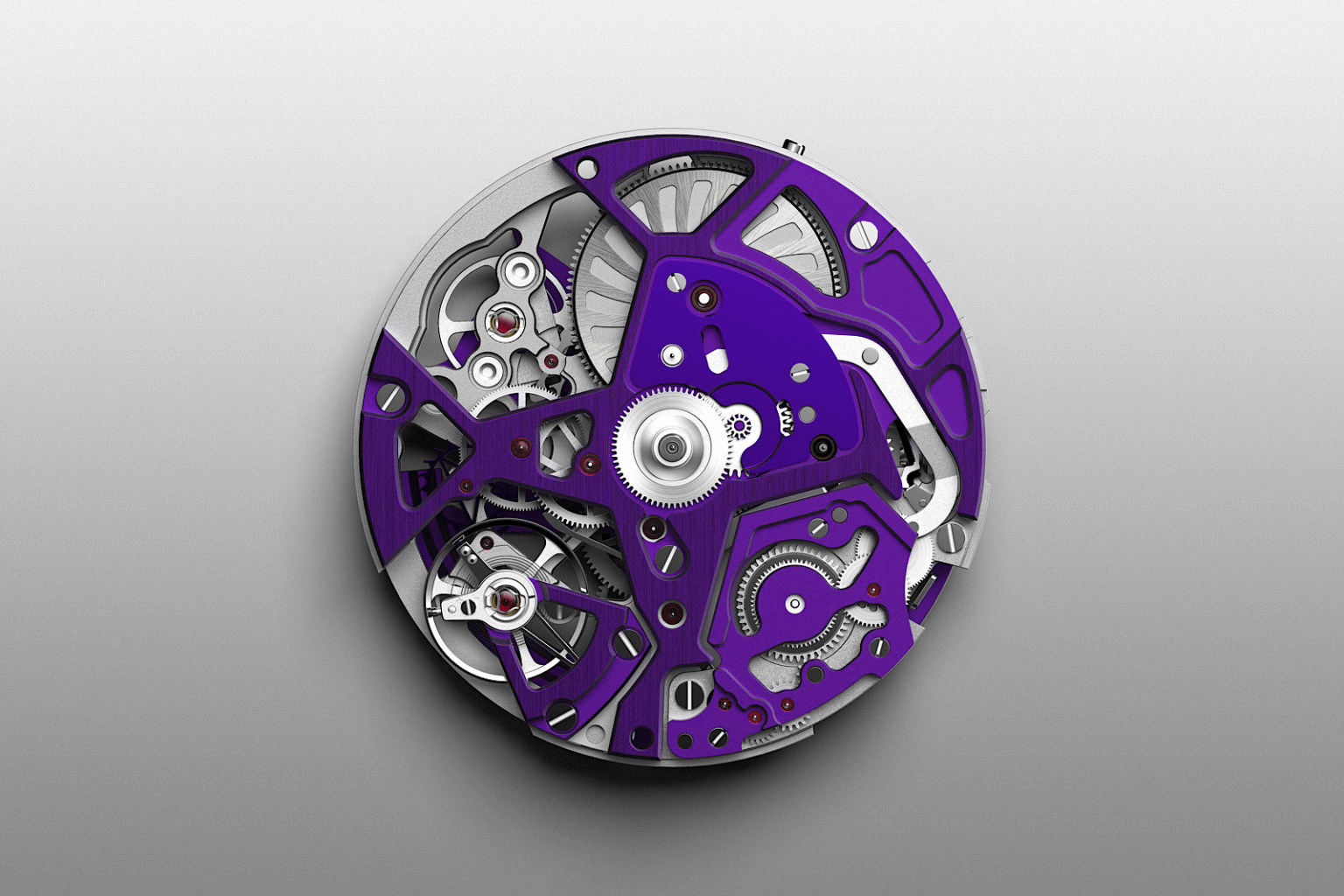 Bánh xe thoát silicon và đòn bẩy màu tím trong bộ máy zenith el primero 9004 đồng hồ defy violet tím