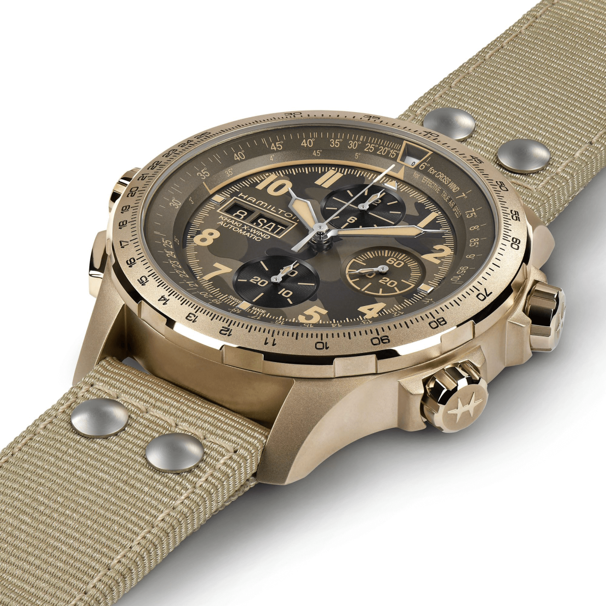 đồng hồ phi công hamilton khaki aviation x-wind chronograph 45mm màu be 