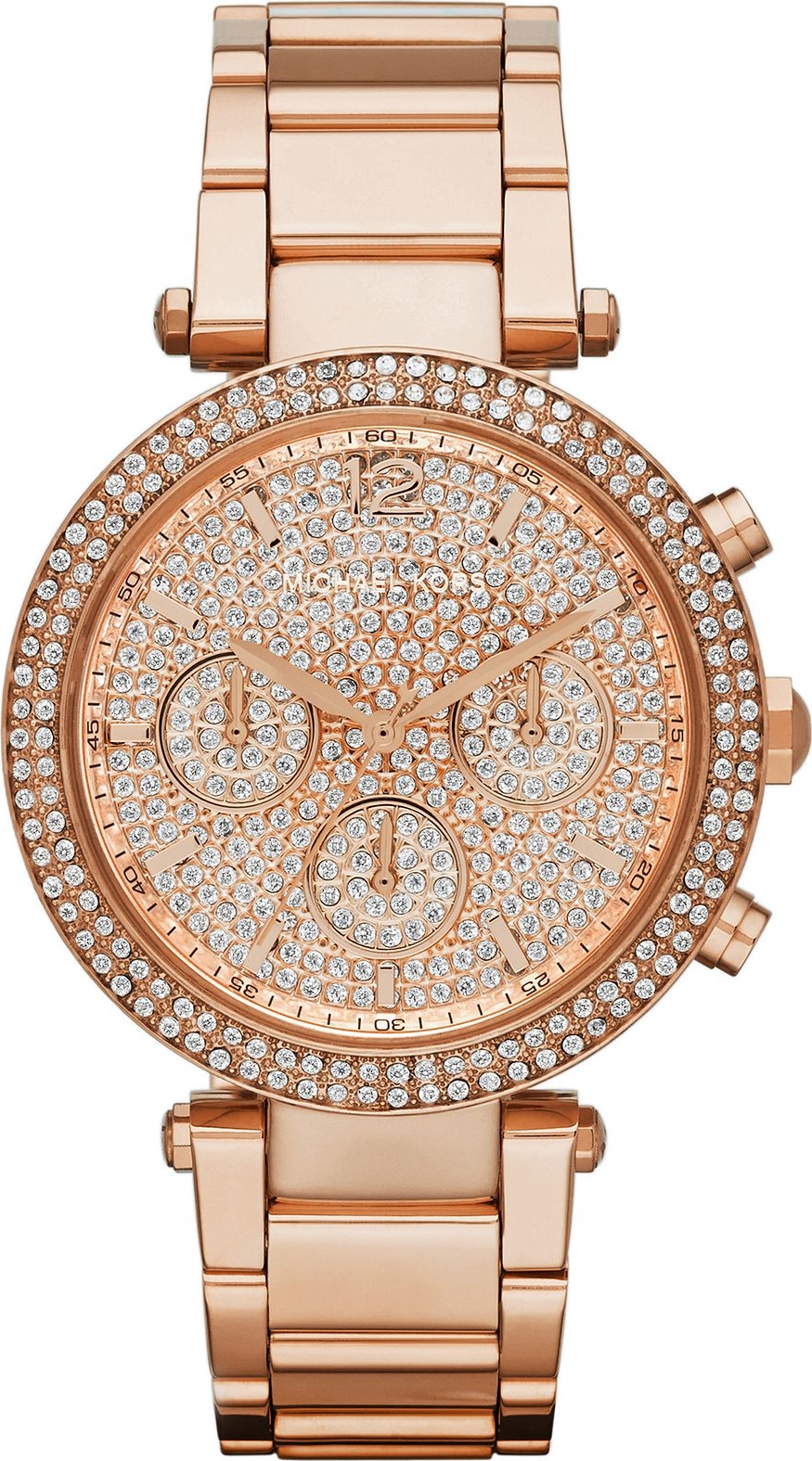 Michael Kors Womens Ritz Chronograph Glitz Watch Gold Dial Sparkle Steel  Band  Bings Bakery