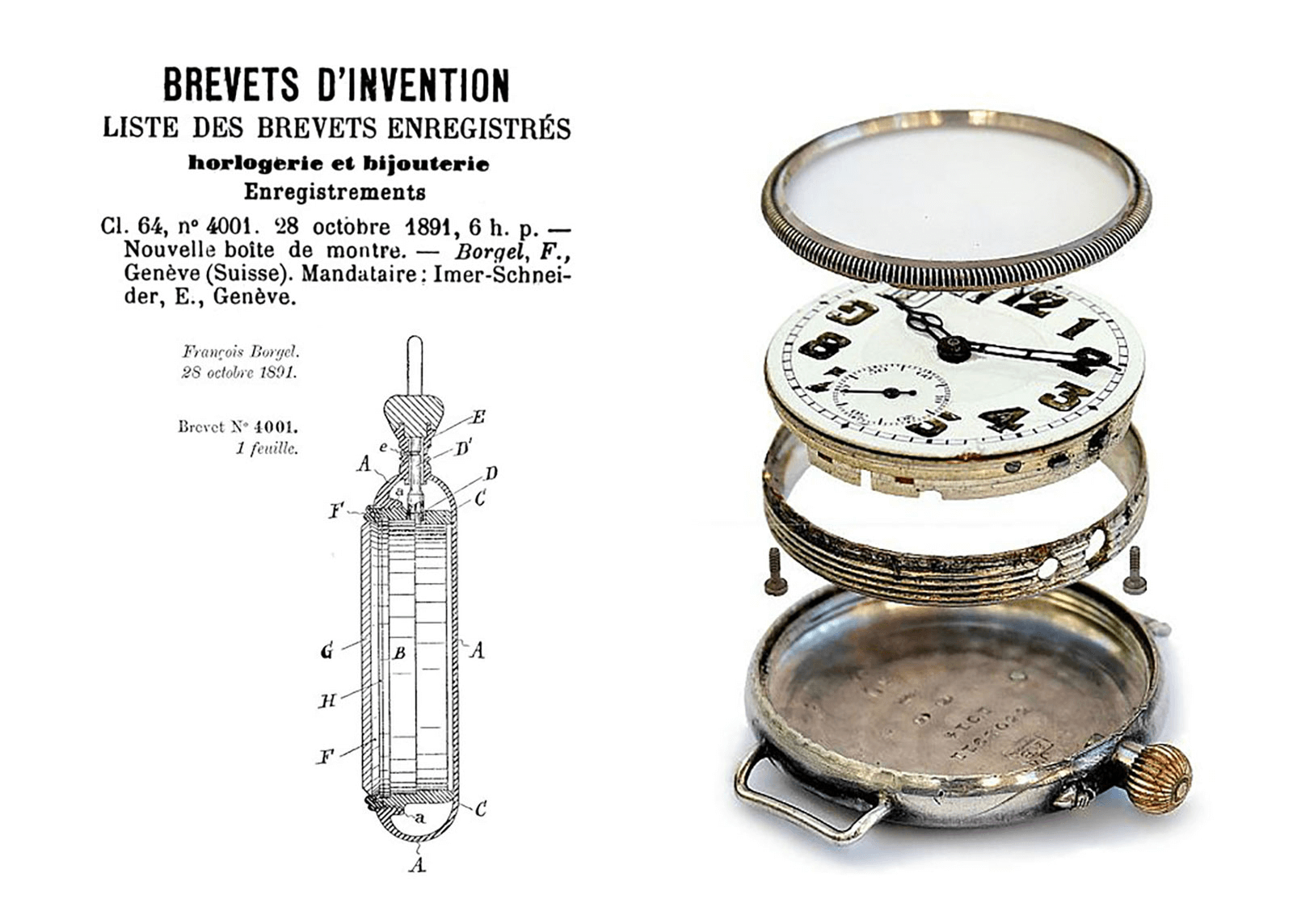 Bằng sáng chế Borgel CH4001 (trái) và một hình ảnh phân tách của vỏ đồng hồ Borgel