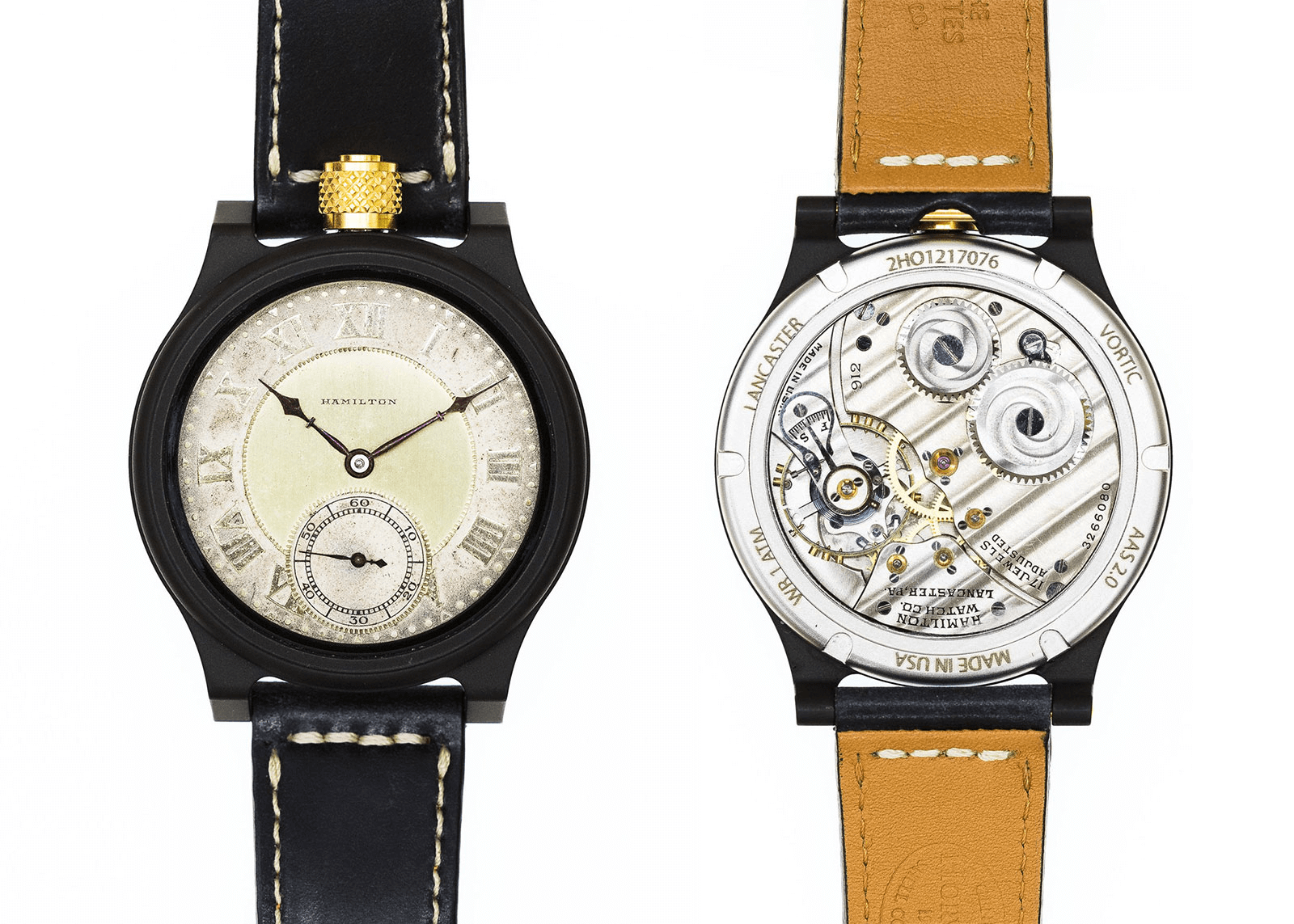 Một ví dụ về đồng hồ đeo tay Vortic Lancaster 076 được trang bị bộ máy của đồng hồ quả quýt Hamilton năm 1925