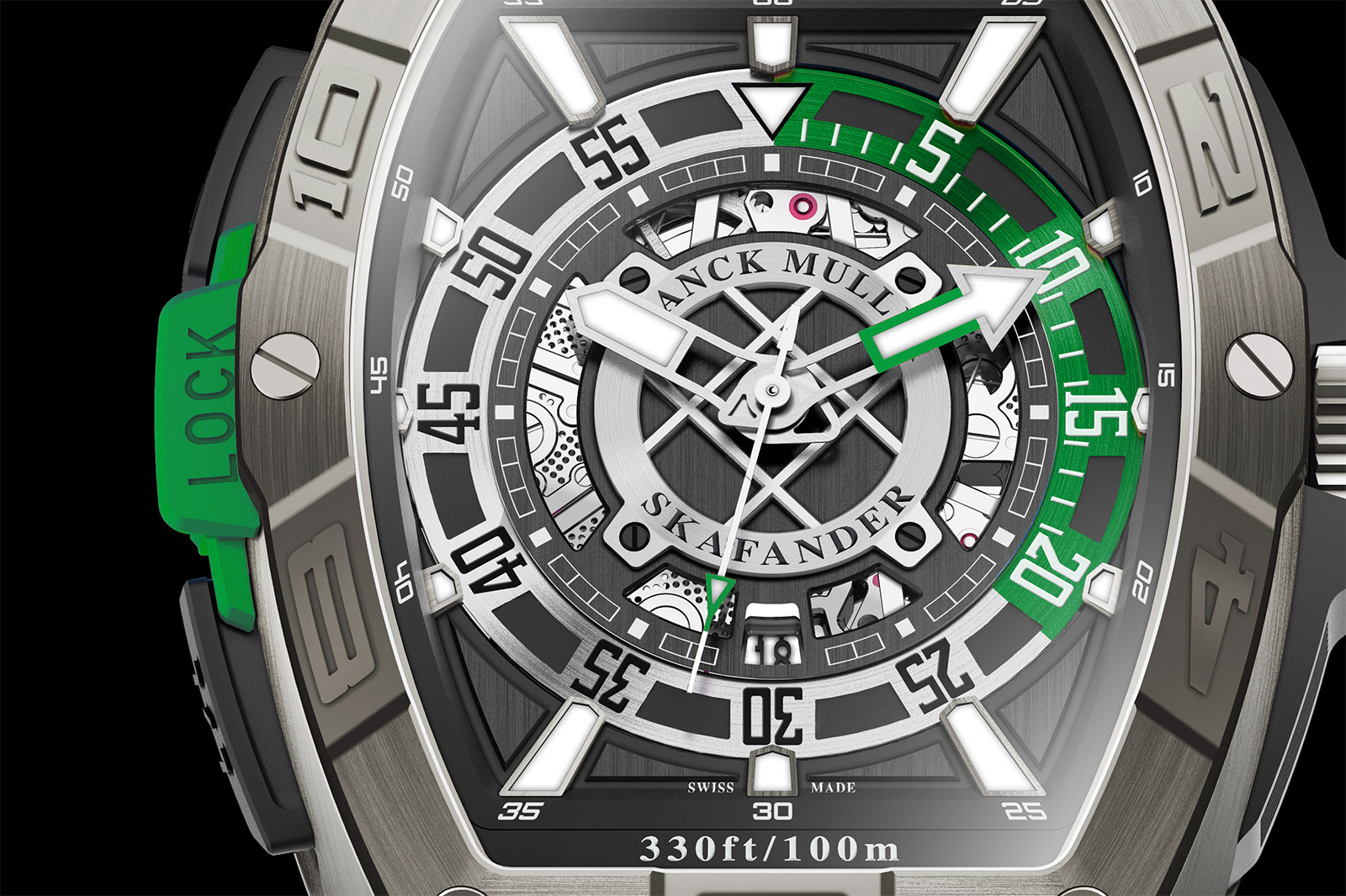 mặt số và viền bezel hình tonneau của đồng hồ lặn Franck Muller Skafander