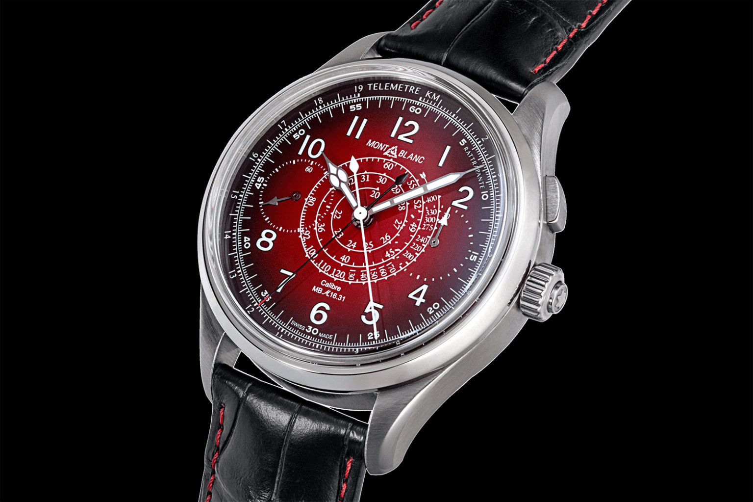 đồng hồ chronograph tách giây split second montblanc 1858 mặt số màu đỏ 