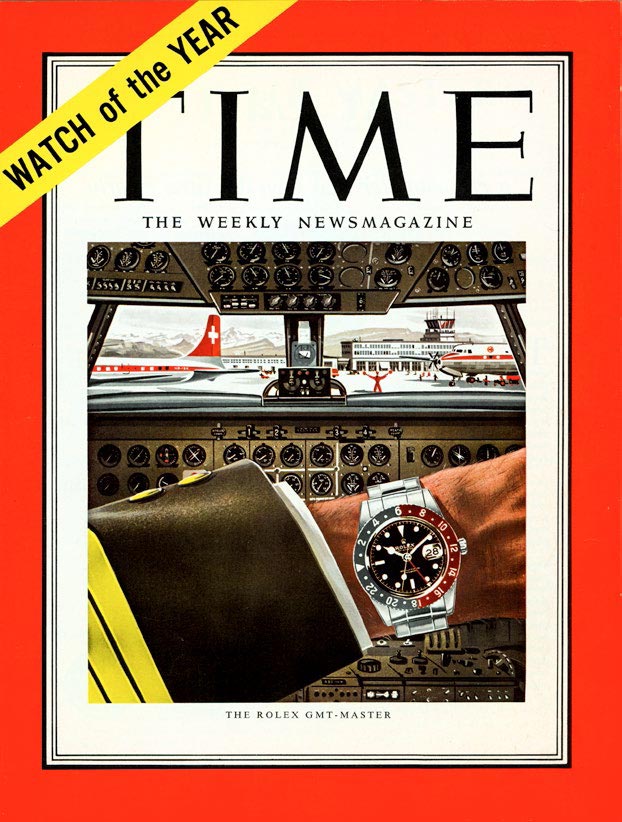 Tờ rơi quảng cáo Rolex GMT-Master những năm 1950 với hình ảnh phía sau mô phỏng buồng lái máy bay