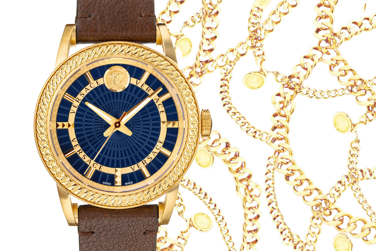 hoa văn dây xích vàng trên đồng hồ versace thời trang cao cấp 