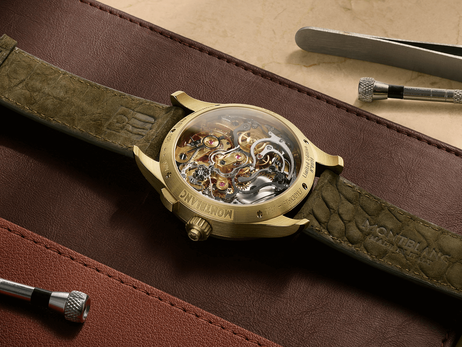 mặt lưng đồng hồ montblanc chronograph split-second 1858 lime gold 2021