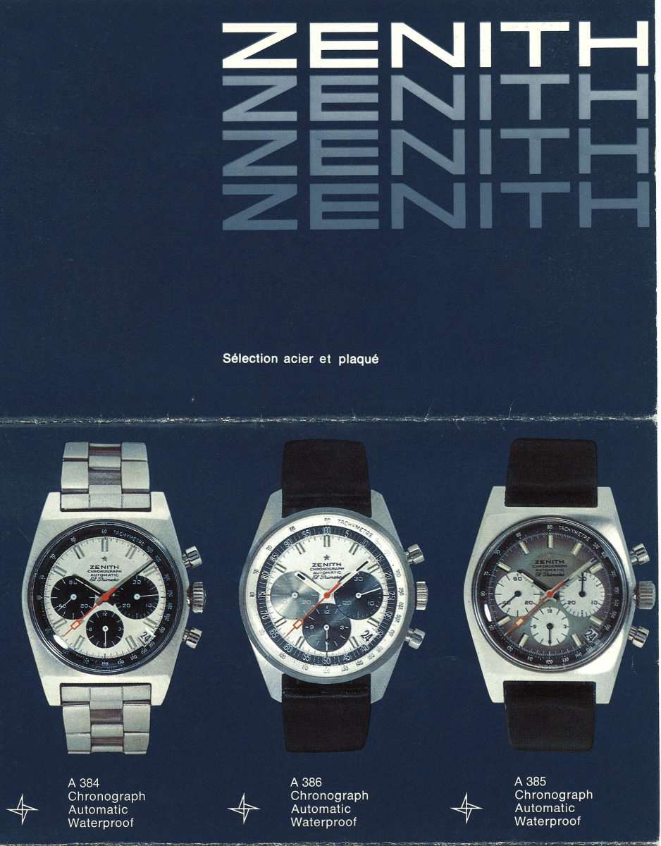 Một mẫu tờ rơi quảng cáo của Zenith cho bộ ba đồng hồ El Primero 1969