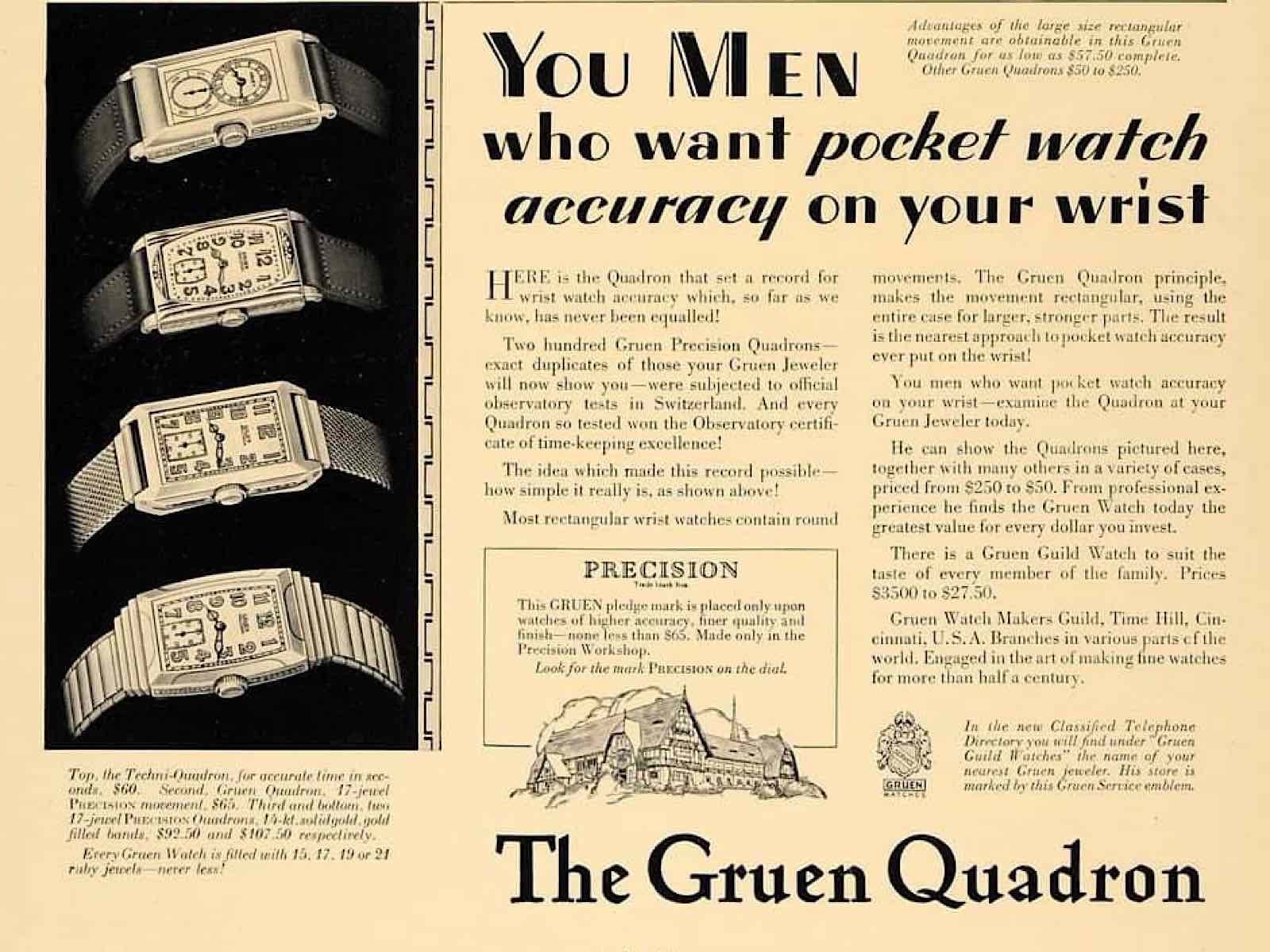 Một mẫu quảng cáo của đồng hồ Gruen Quadron