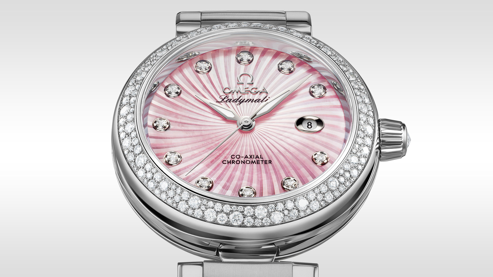 đồng hồ omega mặt số màu hồng đính kim cương 